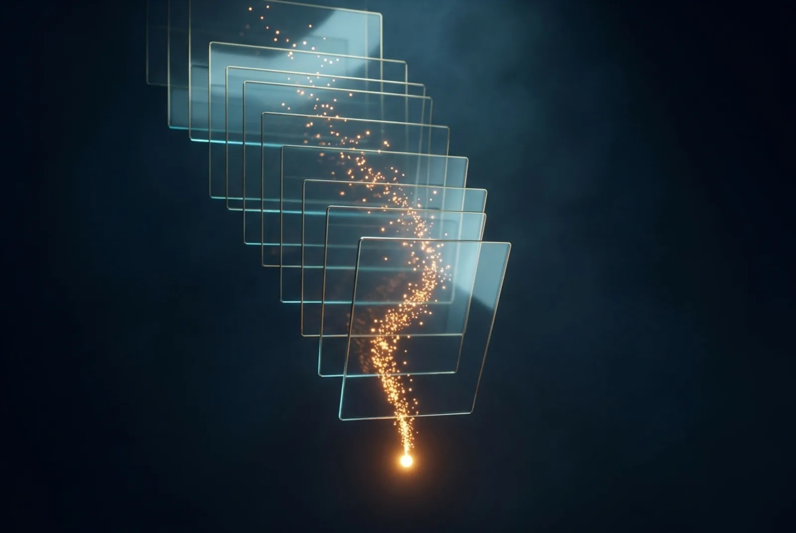 Layered glass panels funneling light into a single point, representing an adaptive intake questionnaire